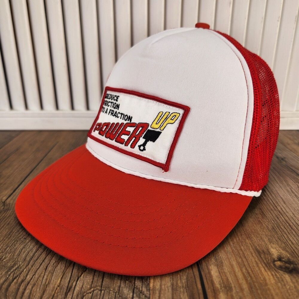 VTG Crown Cap Power Up Patch Snapback Red White Trucker Hat Rope Automotive Oil
